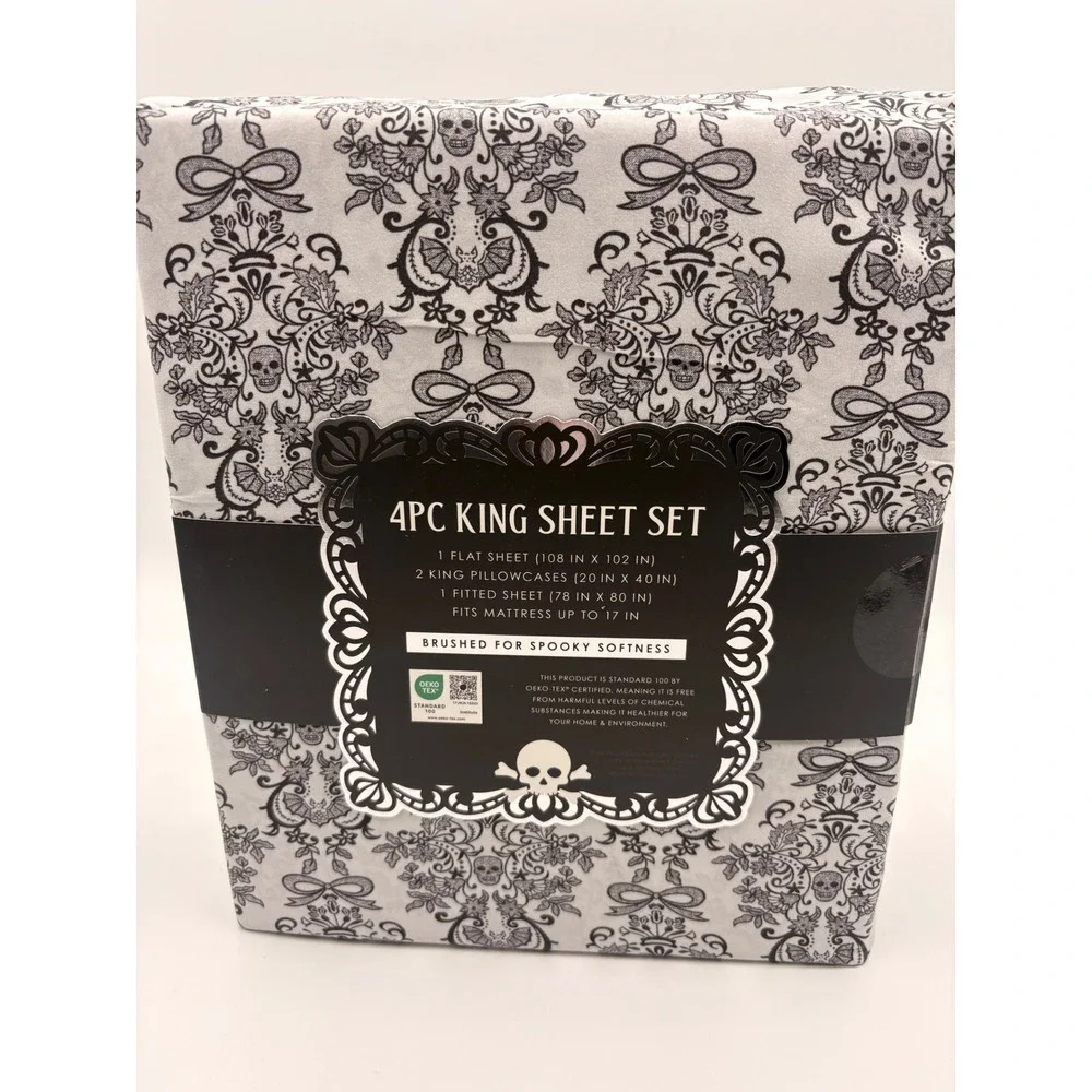 Madame Bones King Sheet Set 4pc Gothic Skull Bat Damask Black Gray Halloween